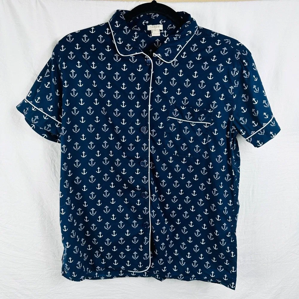 J. Crew short sleeve button down top blue nautical women size small anchor‎ boat